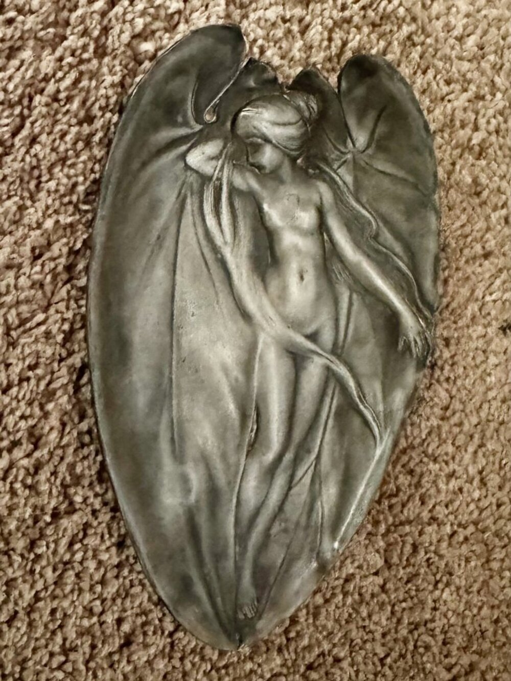 Antique Art Nouveau Water Nymph Waterlily Trinket Dish Pewter or Silver Plate